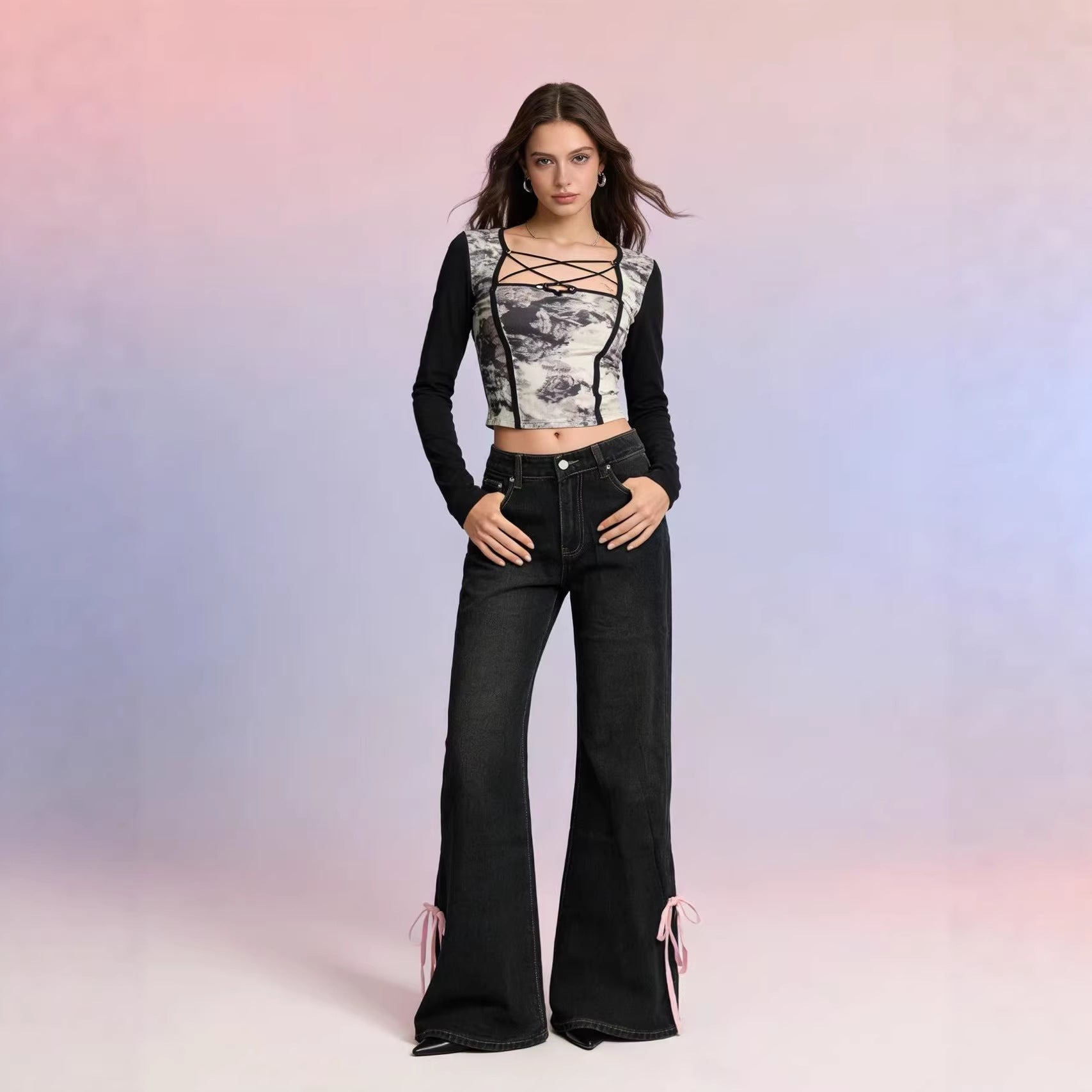 Damen Weite Jeans mit dekorativen Schnürdetails