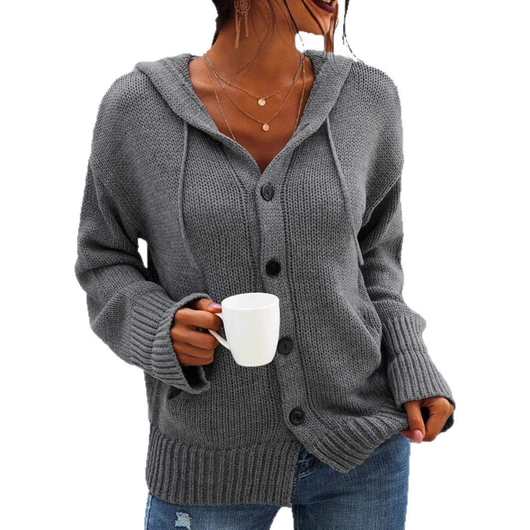 Damen Strickjacke mit Kapuze und knöpfen im lässigen Stil R&B
