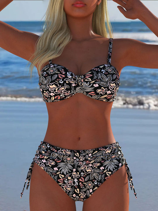 Damen Bandeau-Bikini-Set mit hochgeschnittenem Höschen und tropischem Blütenmuster R&B