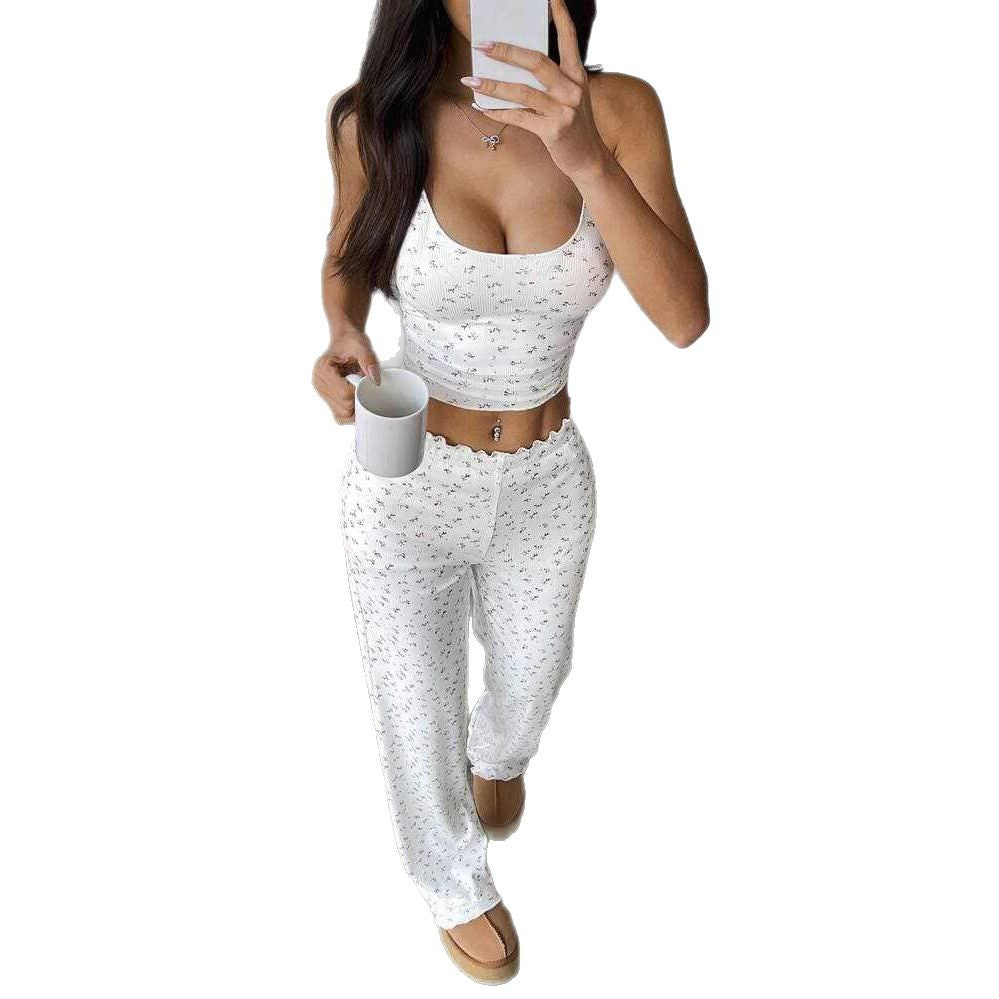 Damen Gemütliches Schlafanzug-Set mit verziertem Top und weiten Hosen R&B