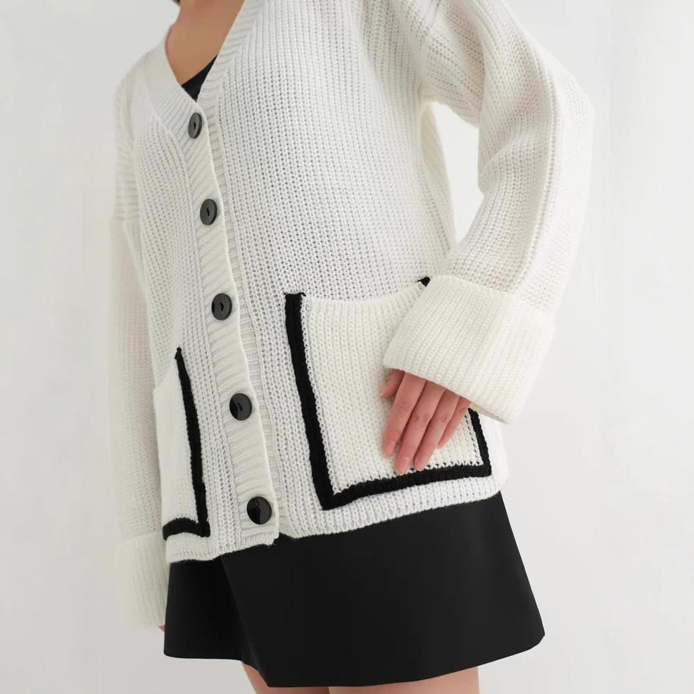 Damen Lässiger Strickcardigan mit tiefem V-Ausschnitt und praktischen Taschen R&B