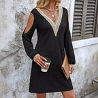 Damen Elegantes Langarmkleid mit tiefem V-Ausschnitt und offenen Schultern R&B
