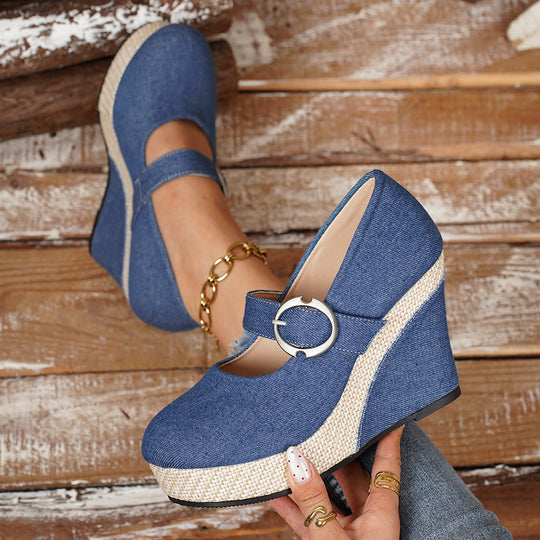 Damen Wedge-Pumps mit schnallenverziertem Fesselriemen und geflochtenem Absatz R&B