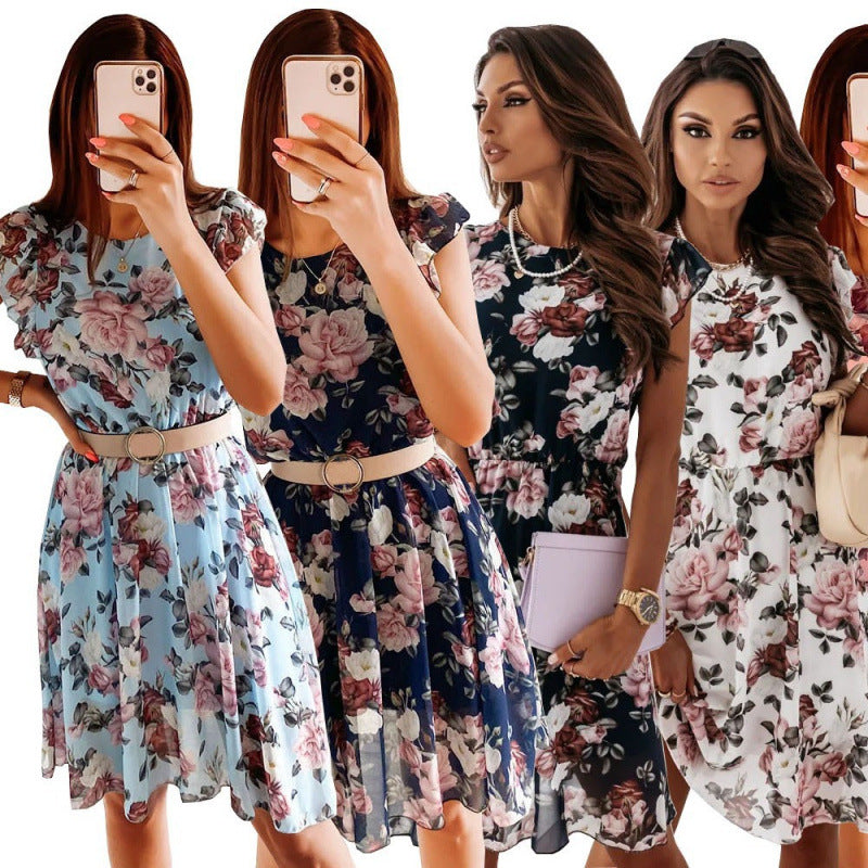 Damen Sommerliches Blumenkleid mit Rüschendetails und Taillengürtel R&B
