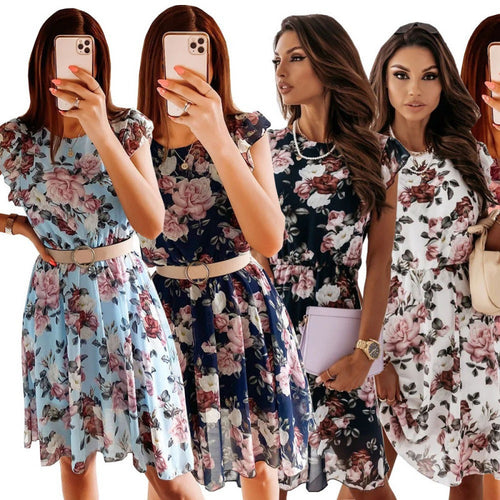 Damen Sommerliches Blumenkleid mit Rüschendetails und Taillengürtel R&B