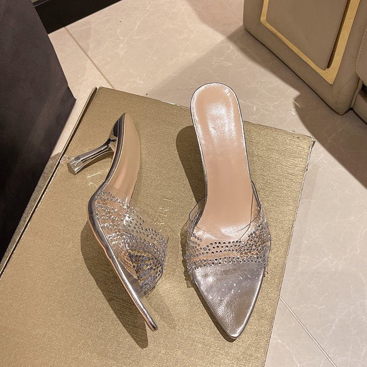 Damen elegante transparente Mules mit strassbesetzten Akzenten R&B