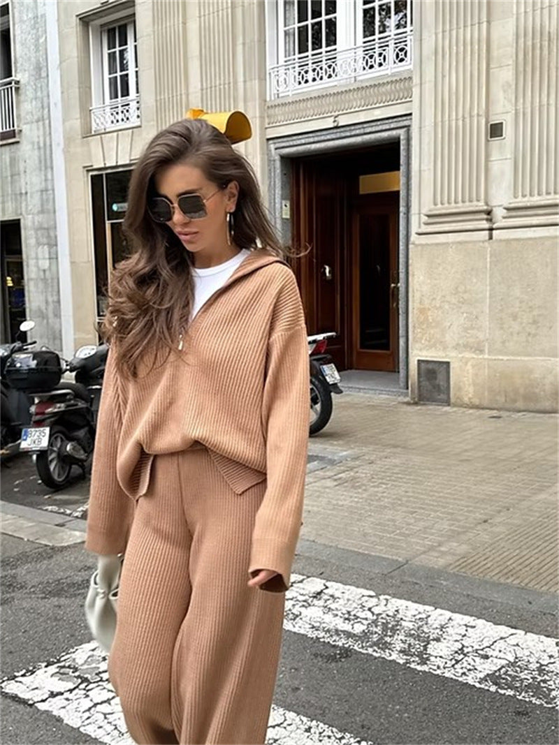Damen gemütliches Strick-Loungewear-Set mit Kapuze und weitem Bein R&B