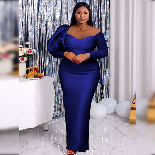 Damen Maxikleid mit schulterfreiem Schnitt und voluminösen Puffärmeln R&B