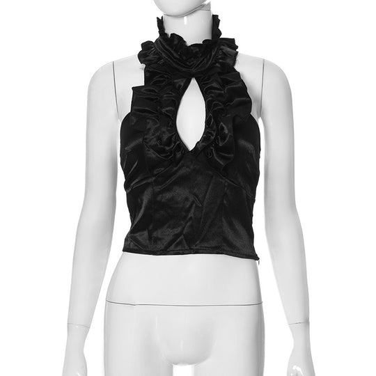 Damen elegantes Top mit rüschendem Stehkragen und tiefem Ausschnitt R&B