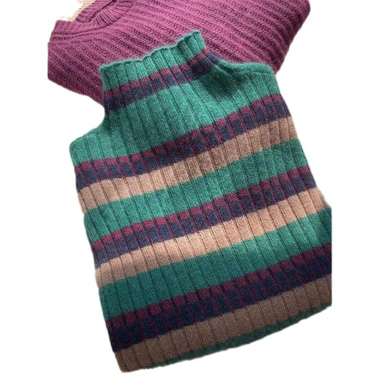 Damen Rippstrickpullover mit hohem Kragen und modischem Streifenmuster R&B