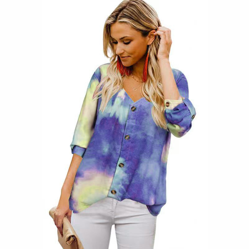 Damen Lässige Bluse mit buntem Farbverlauf und umschlagbaren Ärmel R&B