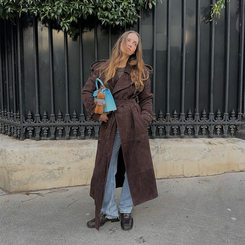 Damen Eleganter Long-Trenchcoat aus weichem Wildleder R&B