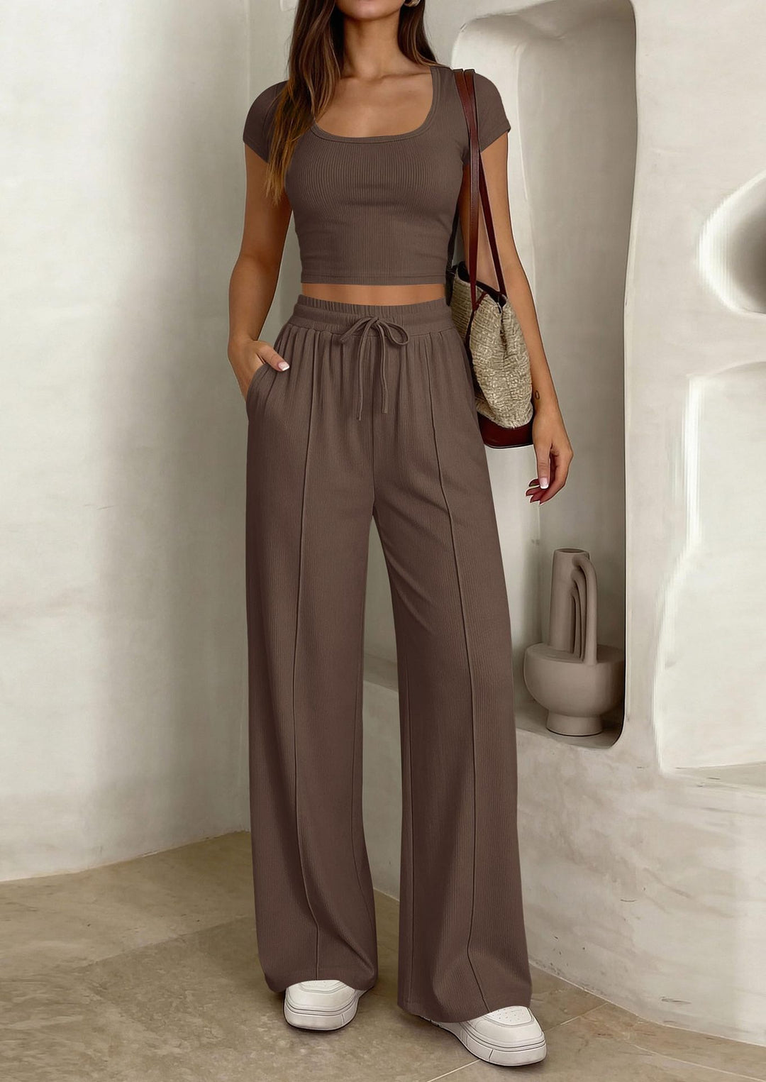 Damen lässiges Cropped-Top und weite Hose Set R&B