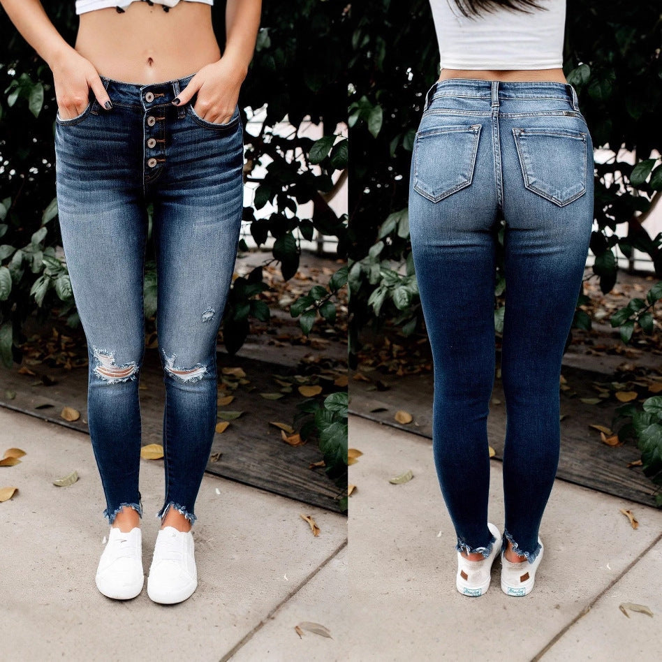 Damen Skinny Jeans mit Button-Fly und modischen Destroyed-Details R&B