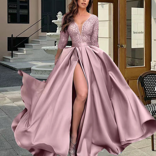Damen Elegantes Abendkleid mit tiefem V-Ausschnitt und seitlichem Schlitz R&B