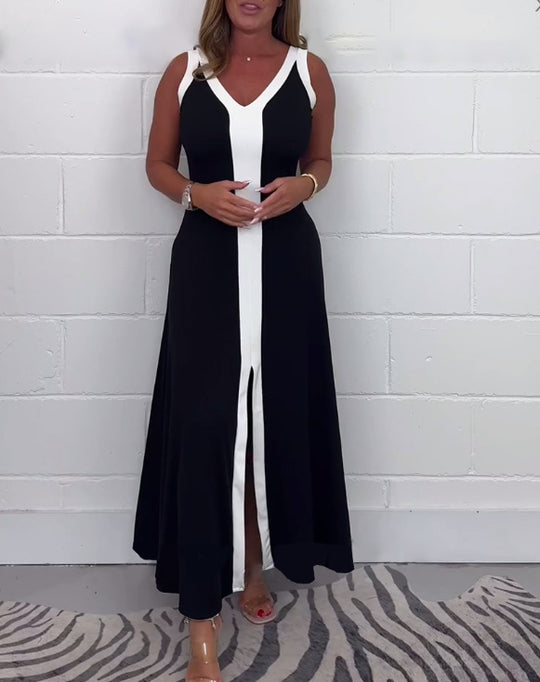 Damen nan tailliertes V-Ausschnitt-Bahnenkleid mit kontrastierender Mittelpasse und mittigem Frontschlitz R&B
