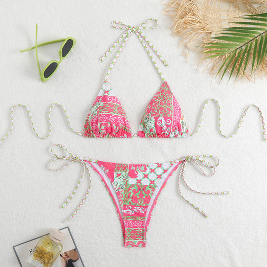 Damen Triangel-Bikini-Set mit verspieltem Blumenmuster und feinen Bindebändern R&B