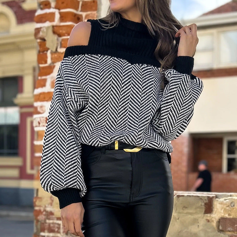 Damen Oversized Strickpullover mit दीपem Halsausschnitt und off-shoulder Design R&B