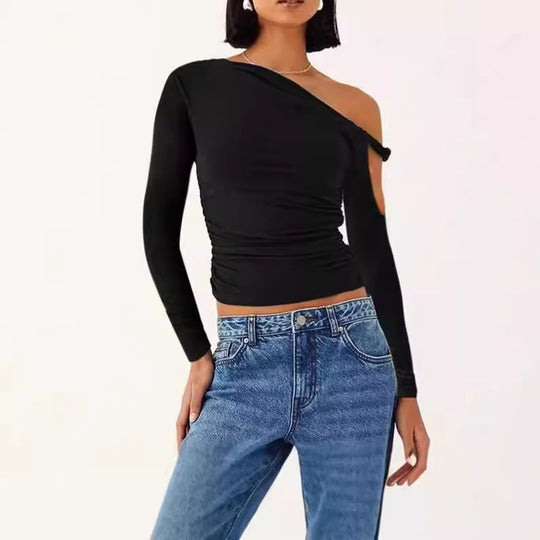 Damen Elegante asymmetrische Bluse mit langen Ärmeln und Raffung R&B