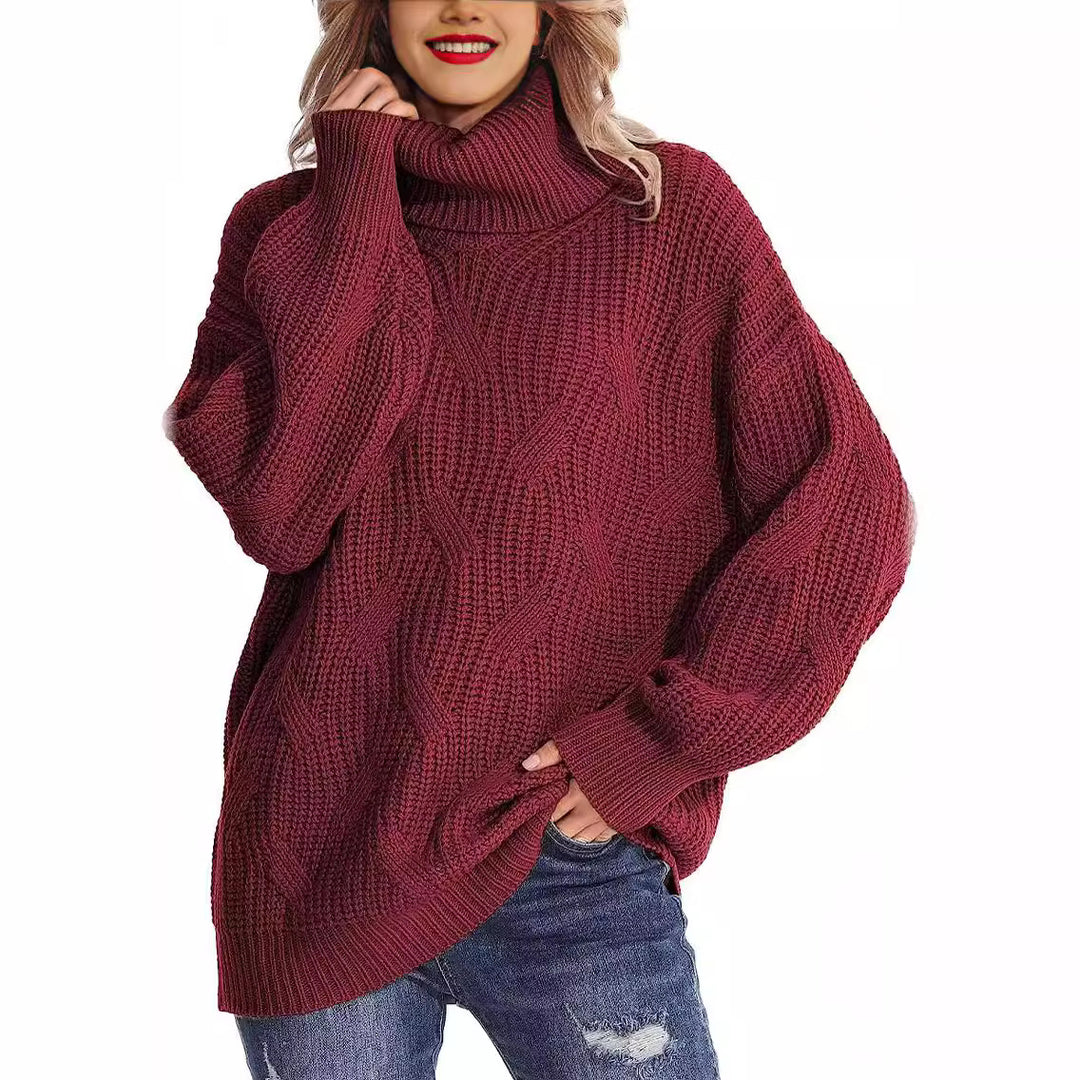 Damen Grobstrickpullover mit hohem Kragen und strukturiertem Zopfmuster R&B