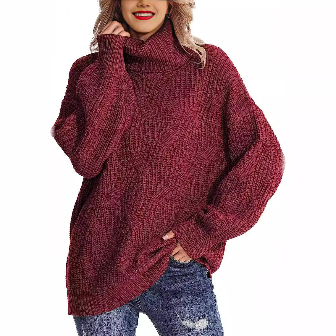 Damen Grobstrickpullover mit hohem Kragen und strukturiertem Zopfmuster R&B