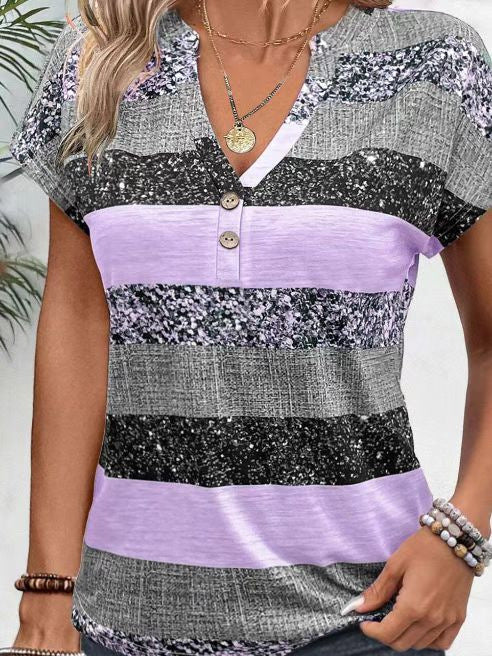 Damen Kurzarm Blusenshirt mit ansprechendem Streifendesign und dekorativen Knopfdetails Heidi-Mode
