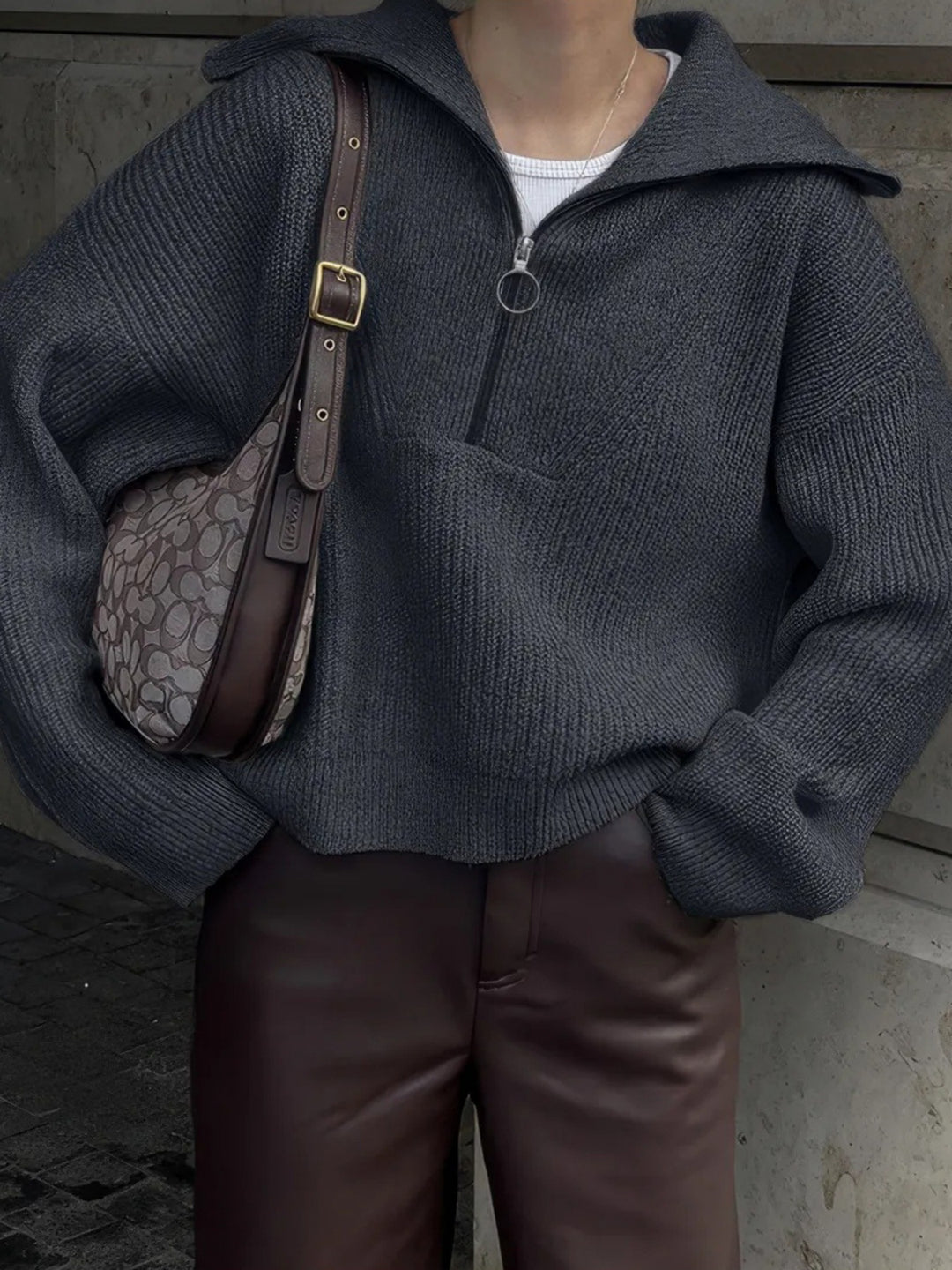 Damen Strickpullover mit Reißverschluss und lässigem Schnitt R&B