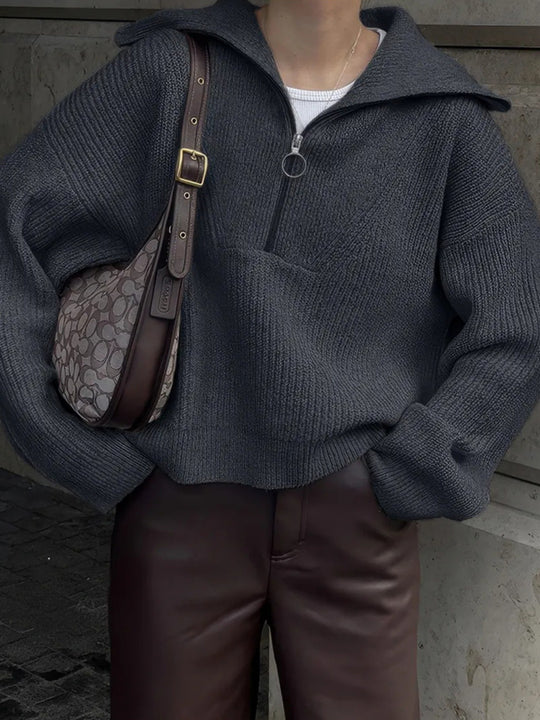 Damen Strickpullover mit Reißverschluss und lässigem Schnitt R&B