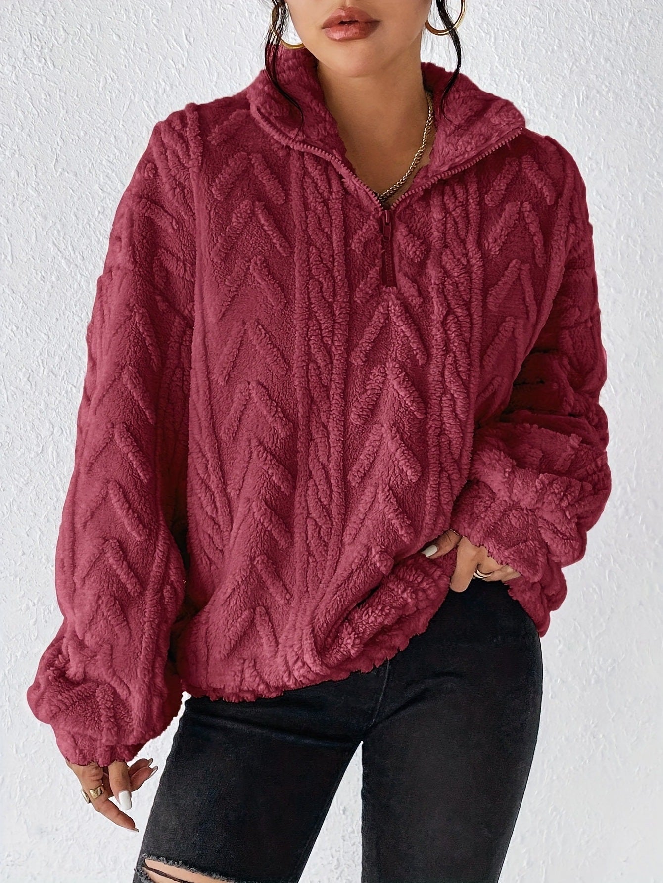 Damen Fleece Pullover mit hohem Kragen und strukturiertem Design R&B