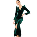 Damen Samt Maxikleid mit tiefem V-Ausschnitt und Knopfdetails R&B