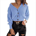 Damen lässiger Strickpullover mit tiefem V-Ausschnitt und Knopfdetails R&B