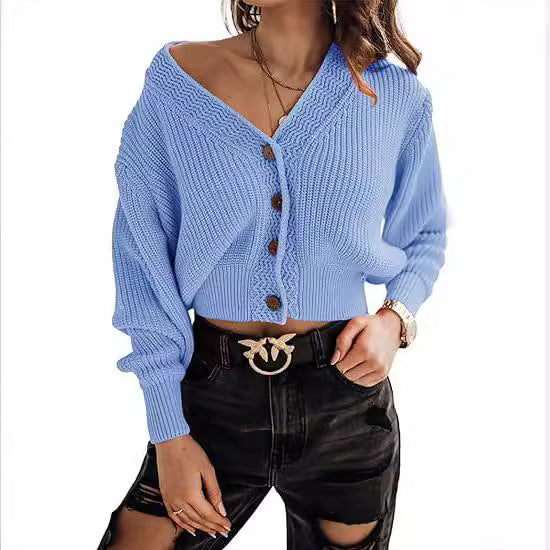 Damen lässiger Strickpullover mit tiefem V-Ausschnitt und Knopfdetails R&B