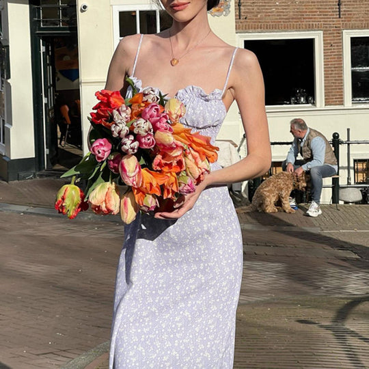 Damen Blumenkleid mit Rüschen und Spaghetti-Trägern R&B