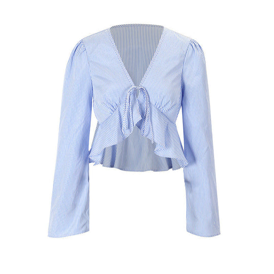 Damen cropped Bluse mit verspielten Rüschendetails und bindbarem Krawattenverschluss R&B