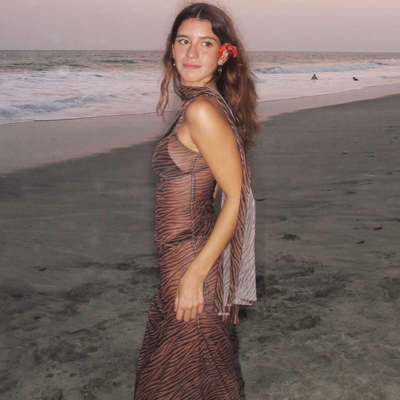 Damen Transparente Maxikleid mit tierischem Muster und verstellbaren Trägern R&B
