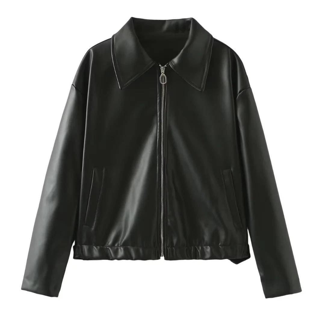 Damen elegante Kunstlederjacke im modernen Design mit praktischem Reißverschluss R&B