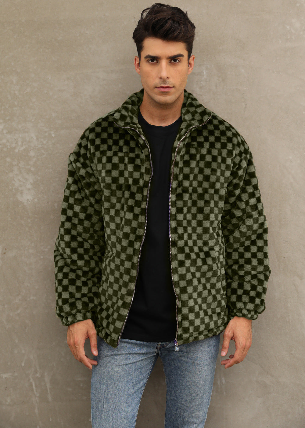 Herren Plüschjacke mit Karo-Muster und hohem Kragen R&B