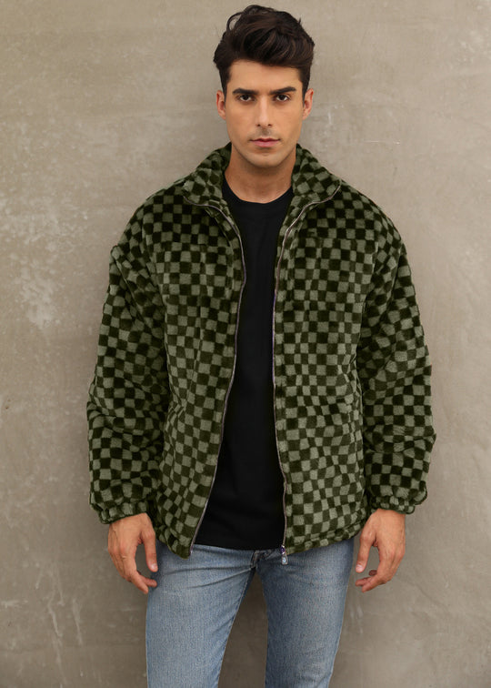 Herren Plüschjacke mit Karo-Muster und hohem Kragen R&B
