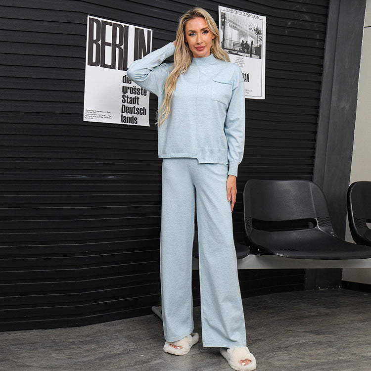 Damen gemütliches Strick-Loungewear-Set mit hohem Kragen und weitem Schnitt R&B