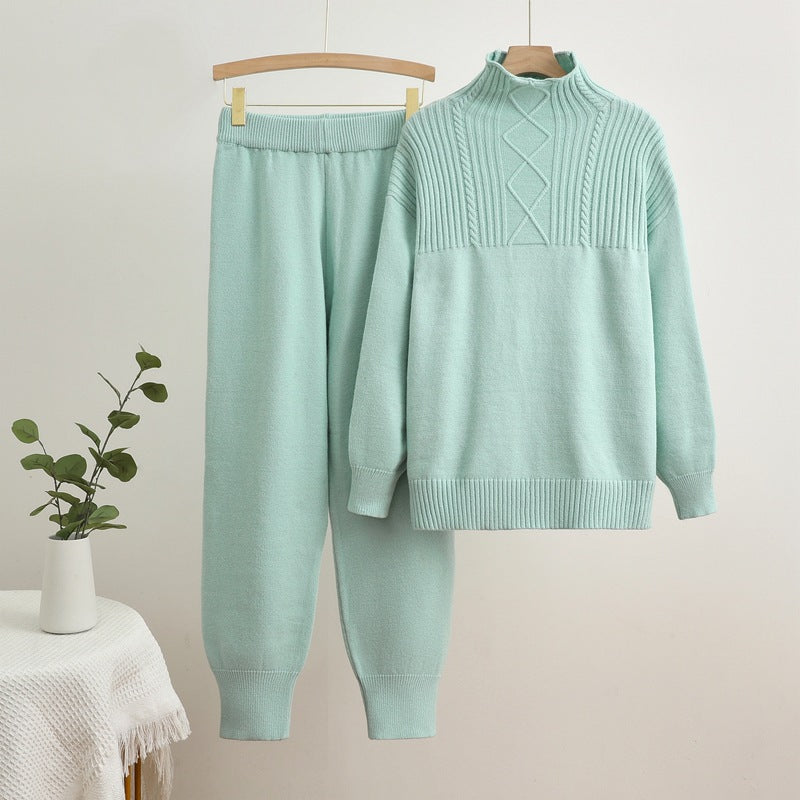 Damen gemütliches Strick-Loungewear-Set mit hohem Kragen und Rippstruktur R&B