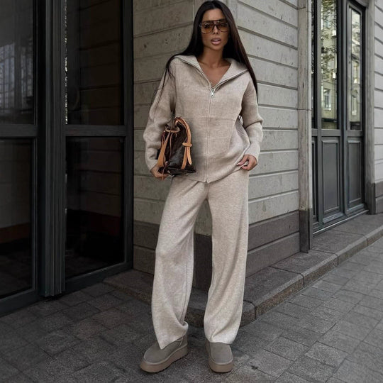 Damen kuscheliger Zip-Pullover mit weitem Kragen und Rippstruktur R&B