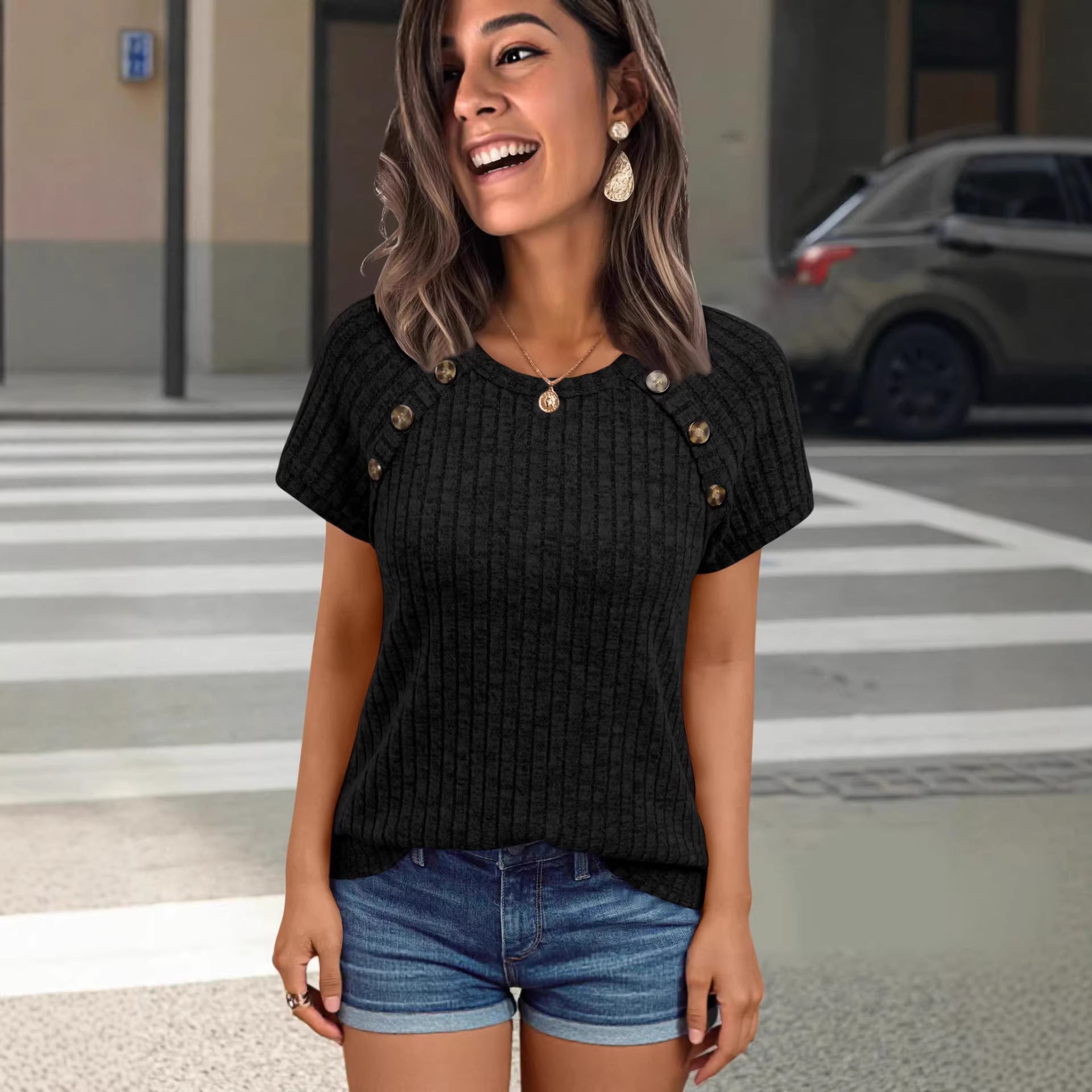 Damen lässiges Rippenstrick-T-Shirt mit Knöpfen R&B