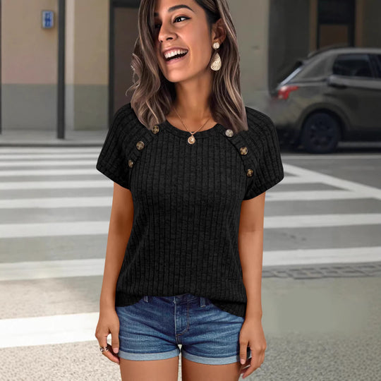 Damen lässiges Rippenstrick-T-Shirt mit Knöpfen R&B