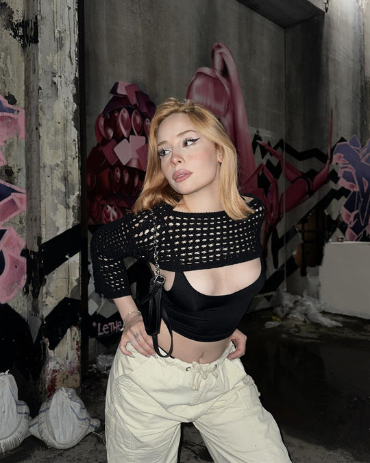 Damen gehäkeltes Crop-Top mit elegantem offenen Design und langen Ärmeln R&B