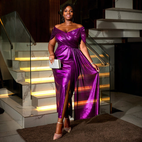 Damen glamouröses Abendkleid mit glänzendem Oberteil und eleganter Drapierung R&B