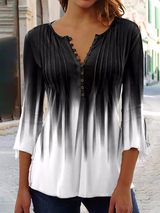 Damen nan luftige Tunika-Bluse mit feiner Biesenpasse, halber Knopfleiste und dreiviertel-Glockenärmeln R&B
