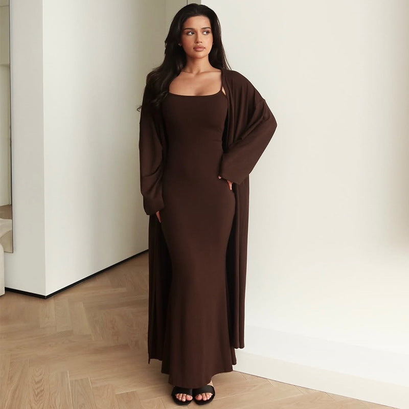 Damen Langärmliges Maxikleid mit offenem Cardigan R&B