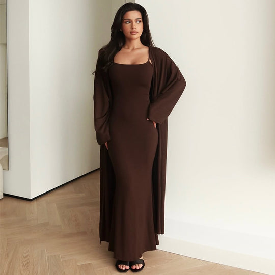 Damen Langärmliges Maxikleid mit offenem Cardigan R&B