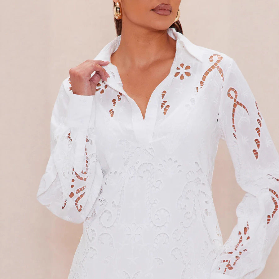 Damen Elegantes Hemdblusenkleid mit raffinierter Lochstickerei und langem Ärmel R&B