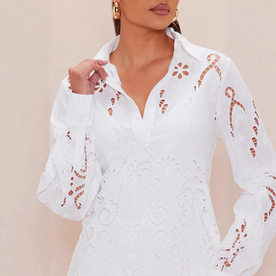 Damen Elegantes Hemdblusenkleid mit raffinierter Lochstickerei und langem Ärmel R&B
